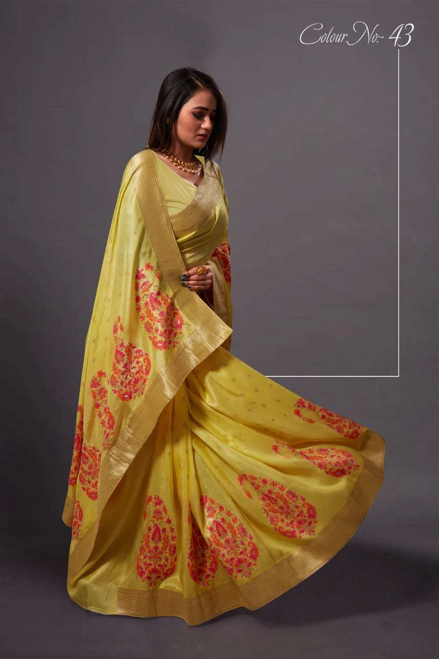 Pure Banarasi Dola Silk Saree With Small Buttis And Big Buttas Design Pattern With 50+ Color Choice Available Online - Seventex Saree - G-516